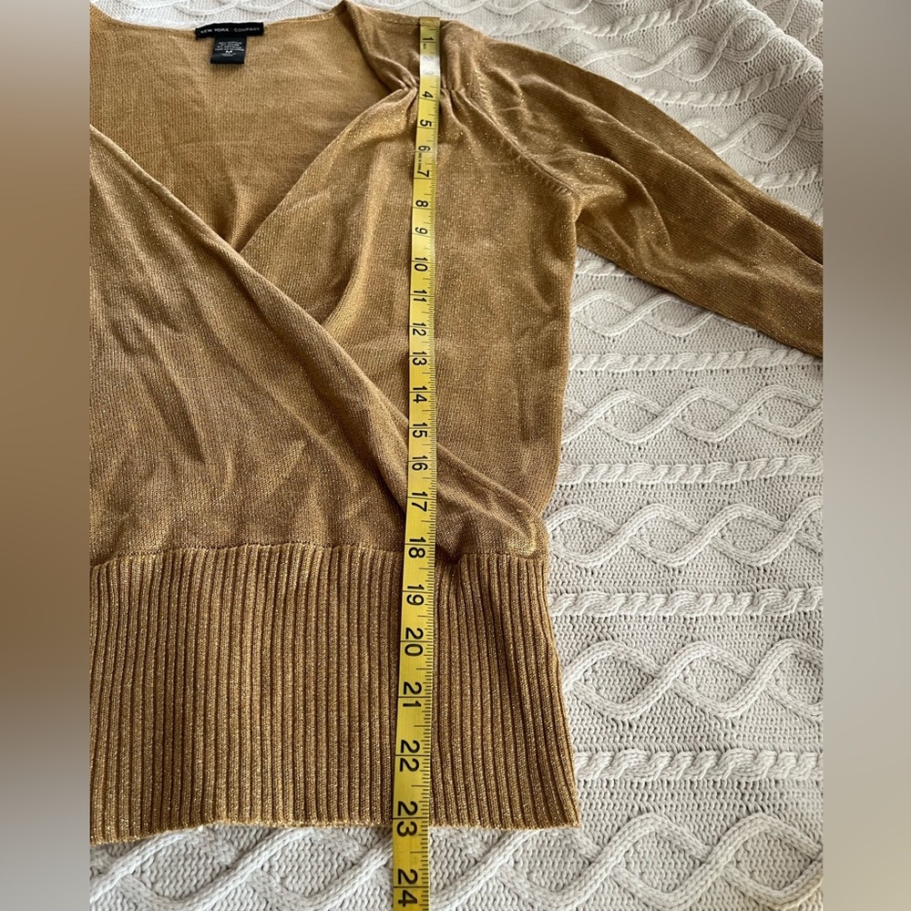 New York & Company Gold Metallic Wrap Blouse Sweater Women’s size medium - Picture 13 of 16